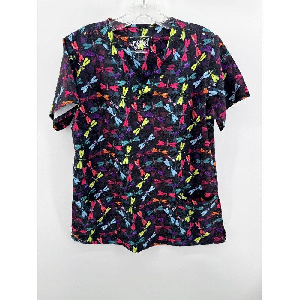Revel Scrub Top Premium Stretch Size M Black Dragon Flies V Neck Pockets